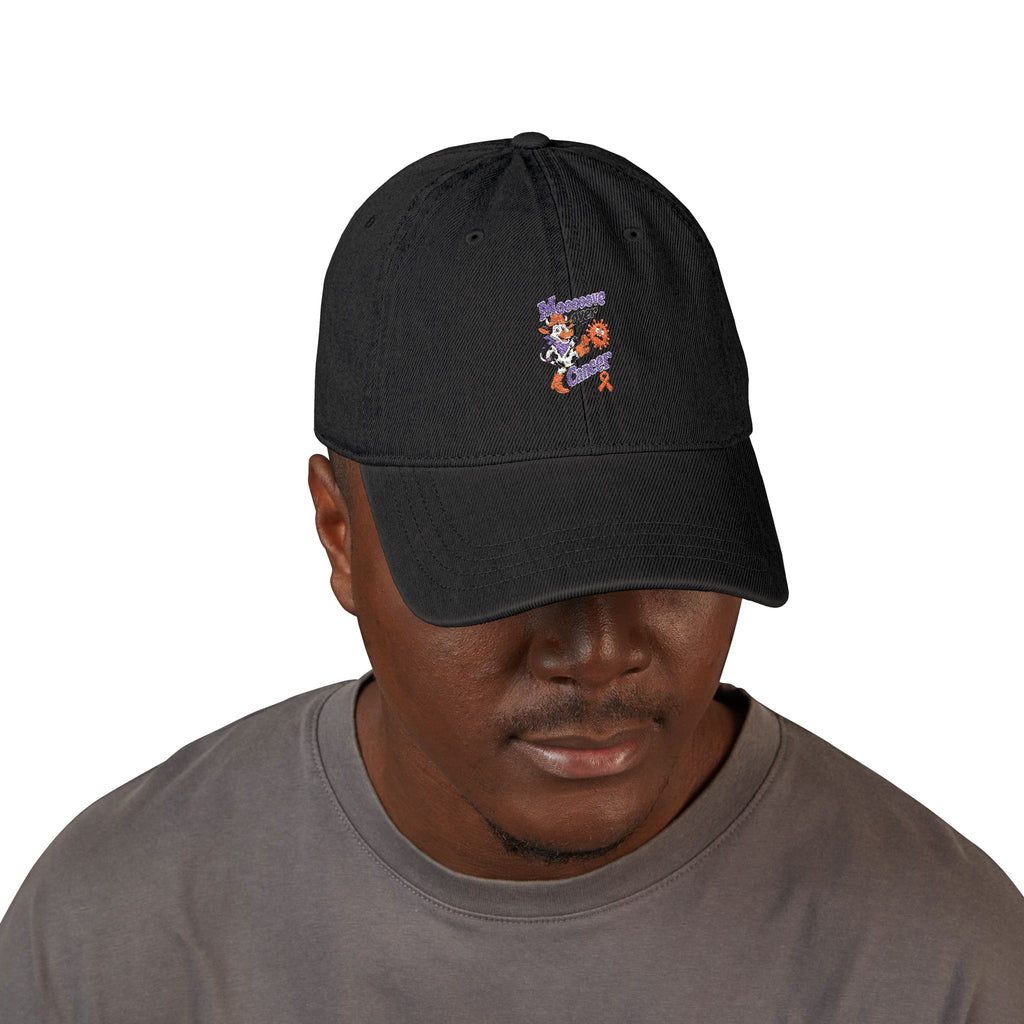 Black Moooove Over Cancer embroidered denim hat shown worn from a side angle