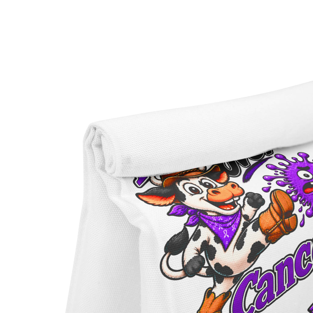 Moooove Over Cancer lunch bag fold-over flap with colorful cow artwork