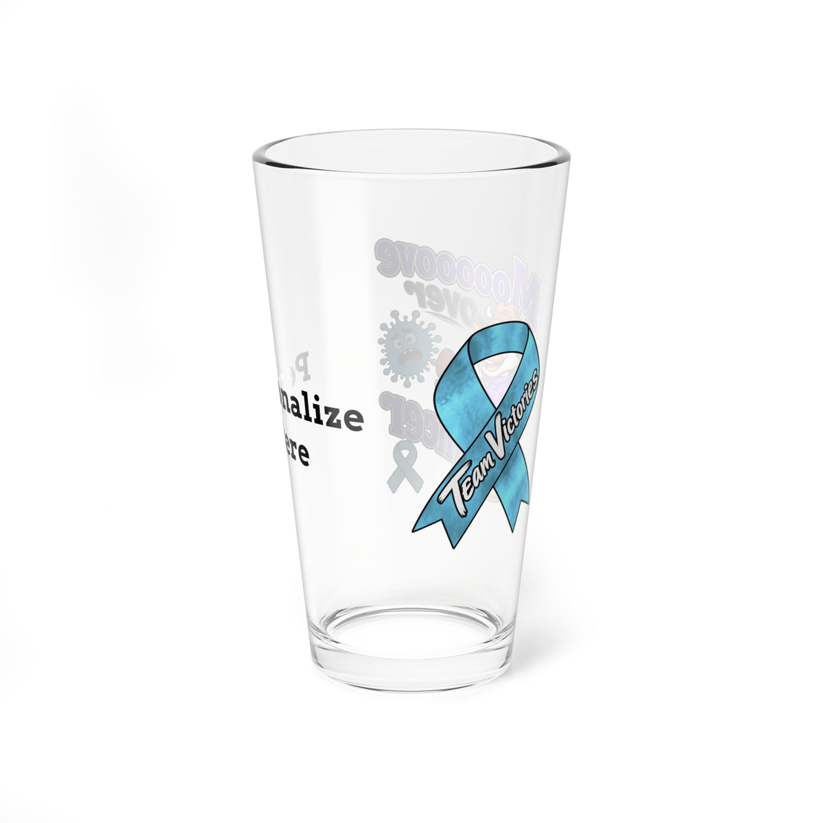 Moooove Over Cancer glass with blue Team Victories awareness ribbon design