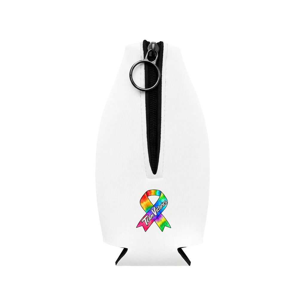 Back of Moooove Over Cancer bottle sleeve showing zipper and all-cancer awareness ribbon