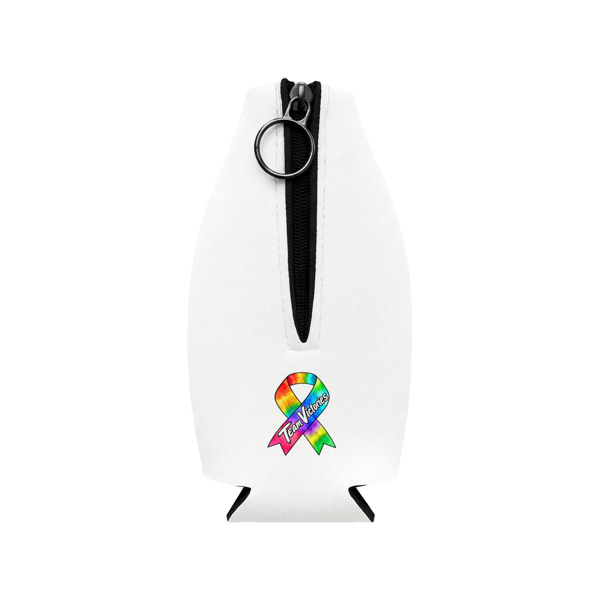Back of Moooove Over Cancer bottle sleeve showing zipper and all-cancer awareness ribbon