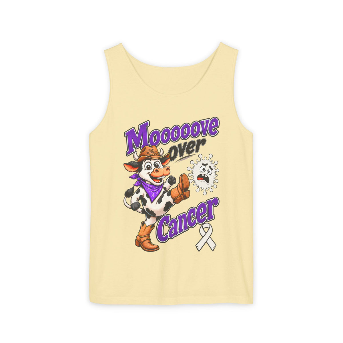 Moooove Over Cancer tank top with cow illustration and Lung Cancer awareness ribbon in yellow