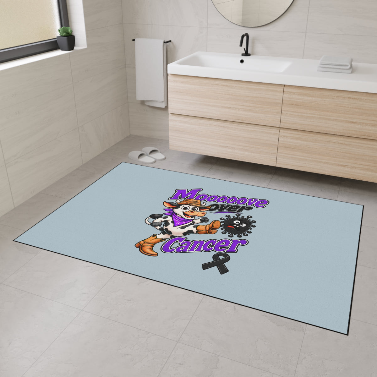 Mooove Over Cancer floor mat shown in a bathroom setting