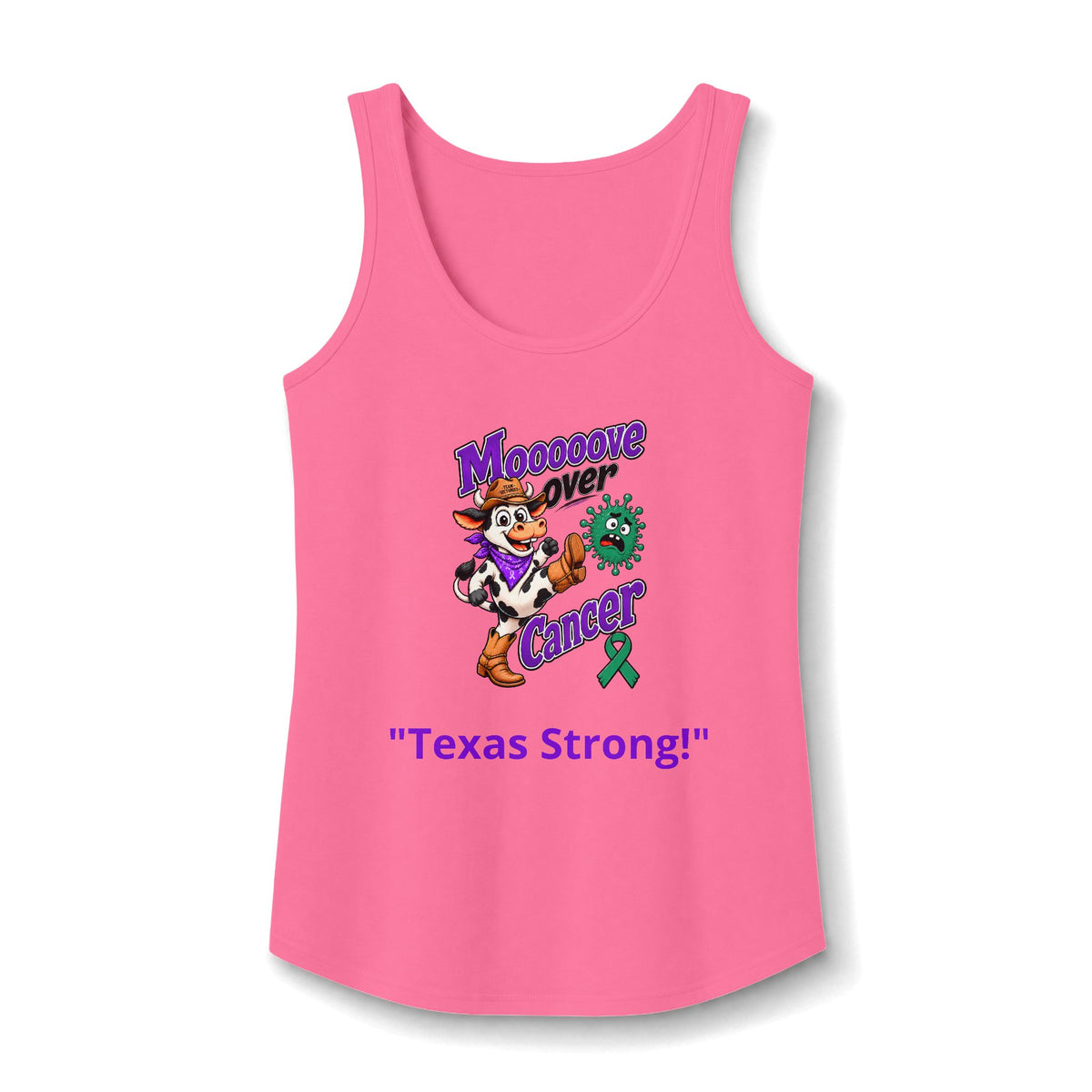 Pink Moooove Over Cancer Texas Strong tank top with cancer awareness artwork
