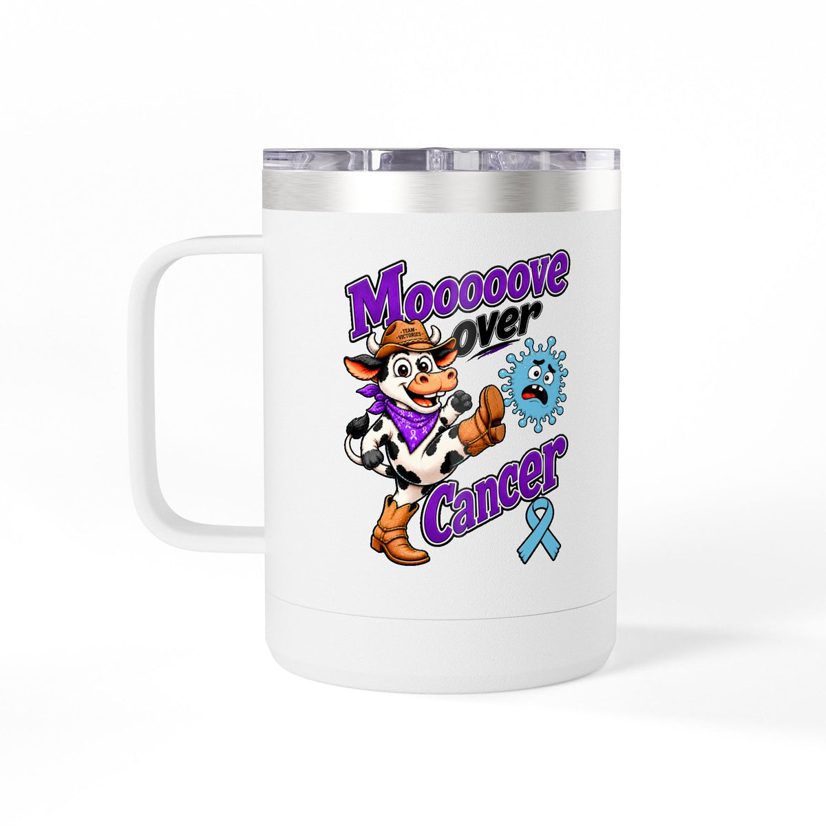 Moooove Over Cancer 15 oz mug with light blue Prostate Cancer awareness ribbon