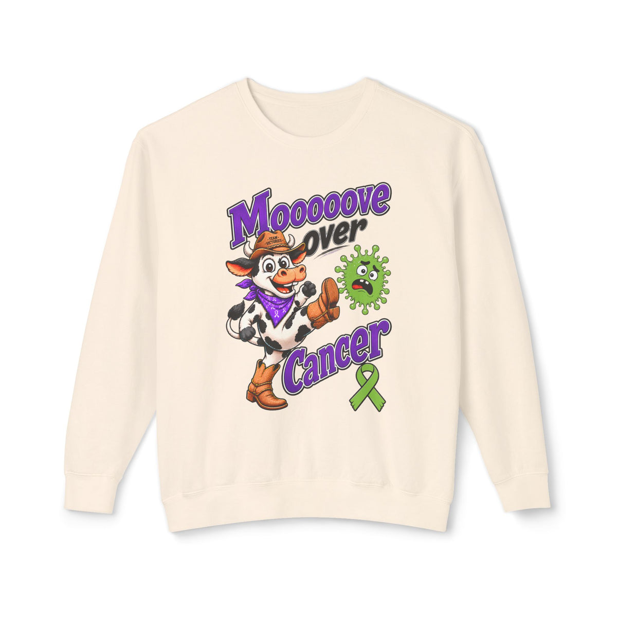 Moooove Over Cancer crewneck sweatshirt in cream with cow artwork and Non-Hodgkin/Lymphoma Cancer awareness ribbon