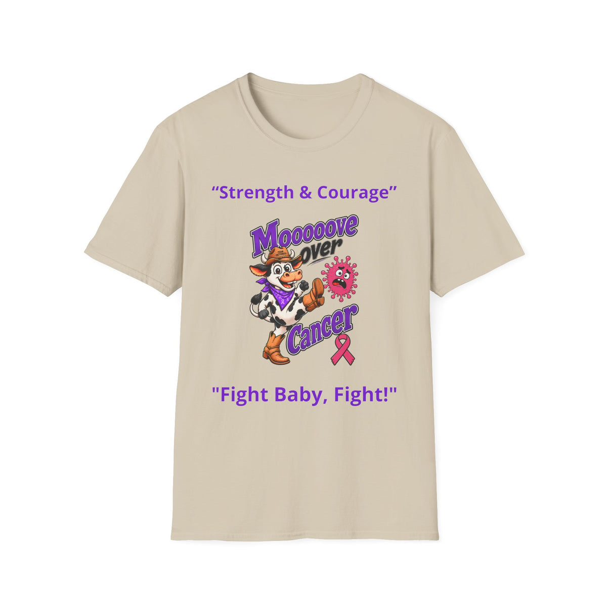 Moooove Over Cancer T-shirt in beige with cow artwork and pink Breast Cancer awareness ribbon
