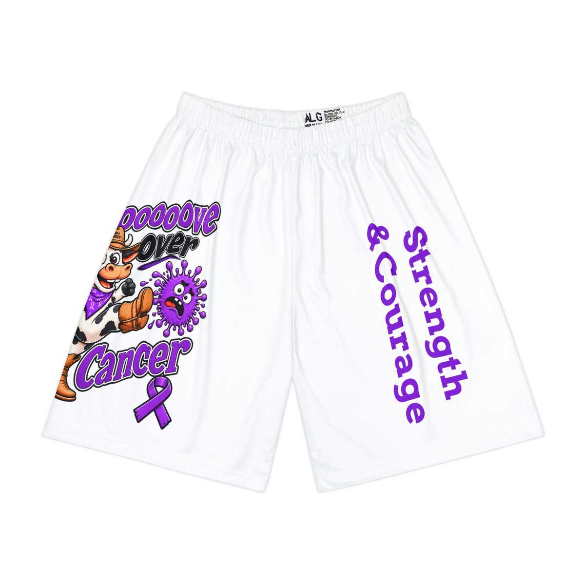Moooove Over Cancer sports shorts with cow artwork, purple ribbon, and Strength & Courage design