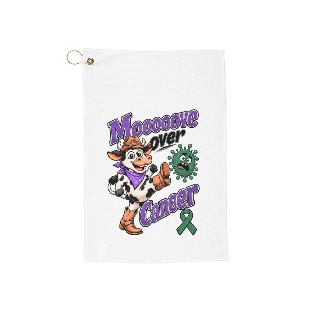 Moooove Over Cancer golf towel front with cow character, ribbon artwork, and gold attachment ring