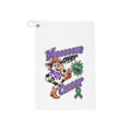 Moooove Over Cancer golf towel front with cow character, ribbon artwork, and gold attachment ring