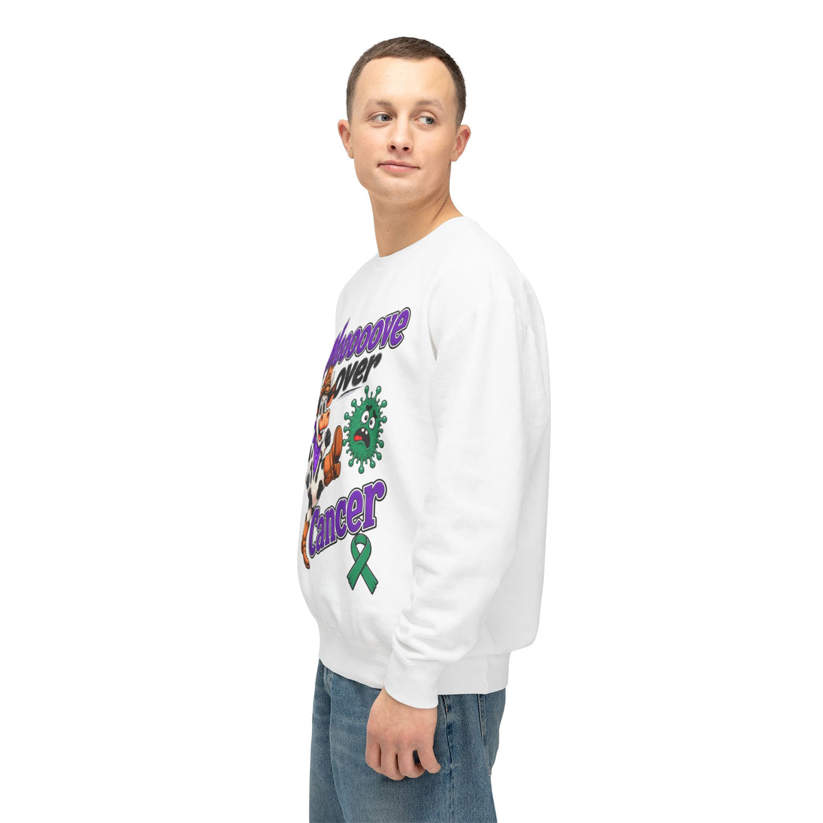 Reverse view of the plain back of the Moooove Over Cancer crewneck sweatshirt