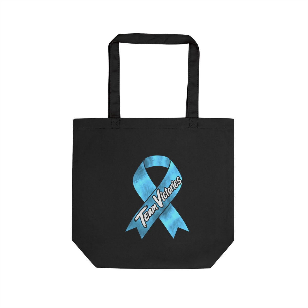 Team Victories black cotton tote bag featuring blue awareness ribbon artwork