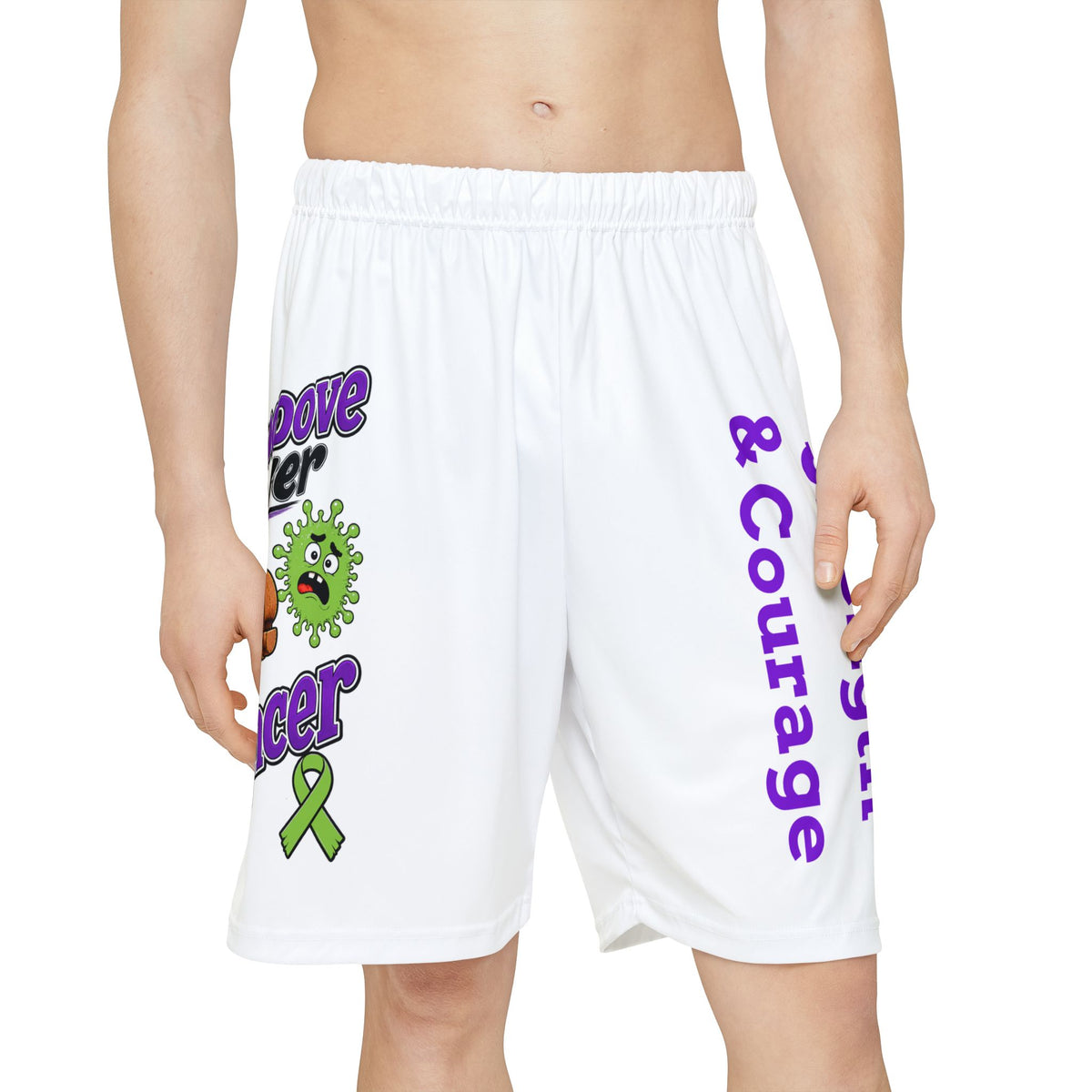 Front view of Moooove Over Cancer athletic shorts with cow artwork and Non-Hodgkin/Lymphoma Cancer awareness ribbon