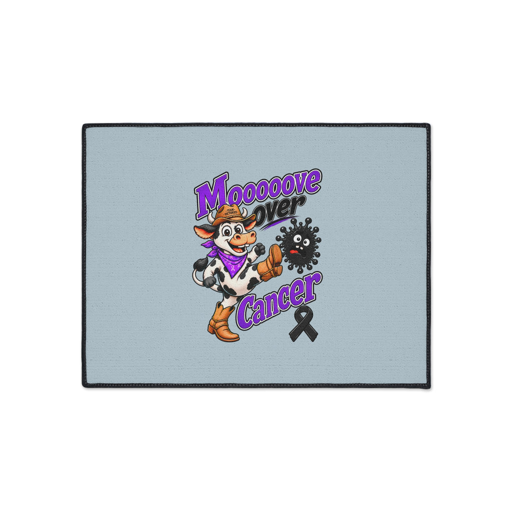 Mooove Over Cancer cow design centered on a black-trimmed floor mat