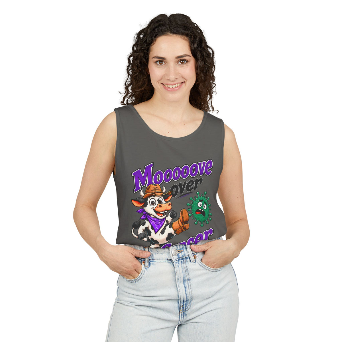 Woman wearing dark gray Moooove Over Cancer tank top with Liver Cancer awareness ribbon