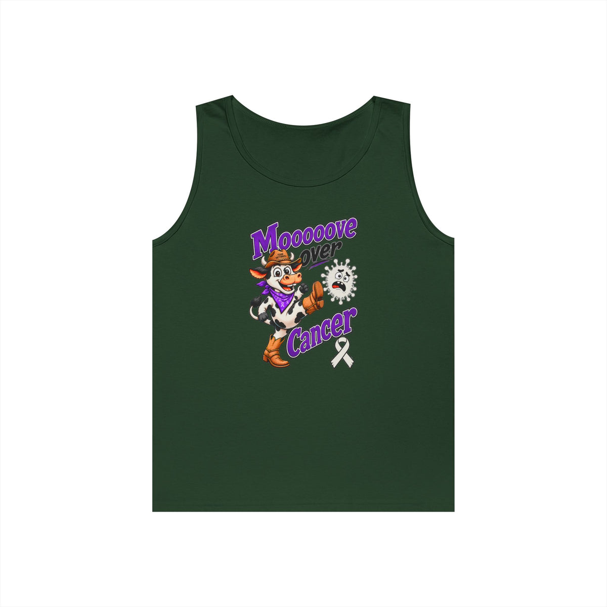 Moooove Over Cancer tank top with Lung Cancer awareness ribbon in green