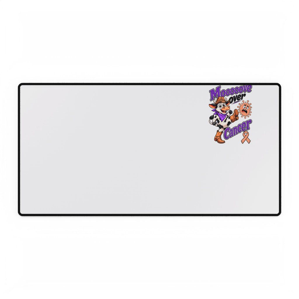 Moooove Over Cancer extended desk mat with colorful awareness artwork positioned in the upper right