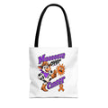 Moooove Over Cancer polyester tote with cow artwork and Leukemia/Kidney Cancer awareness ribbon