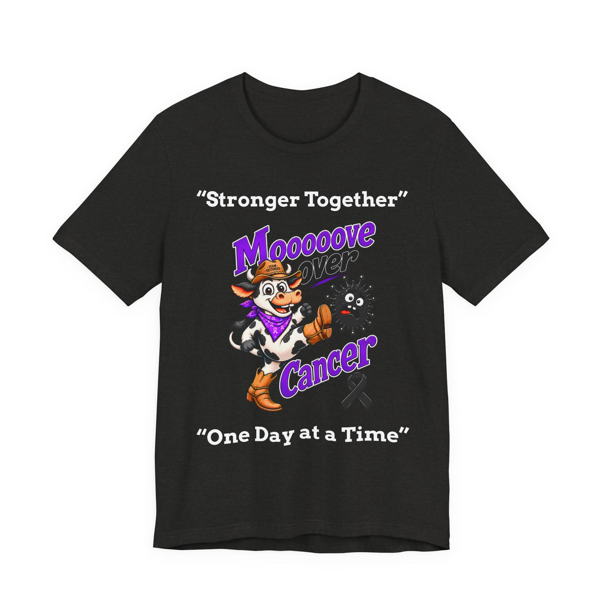 Moooove Over Cancer charcoal T-shirt with purple Western cancer artwork