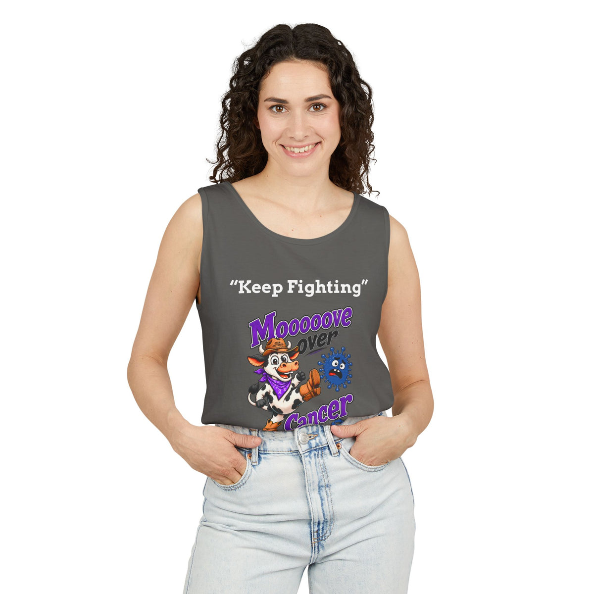 Woman wearing gray Moooove Over Cancer tank top with cow character artwork