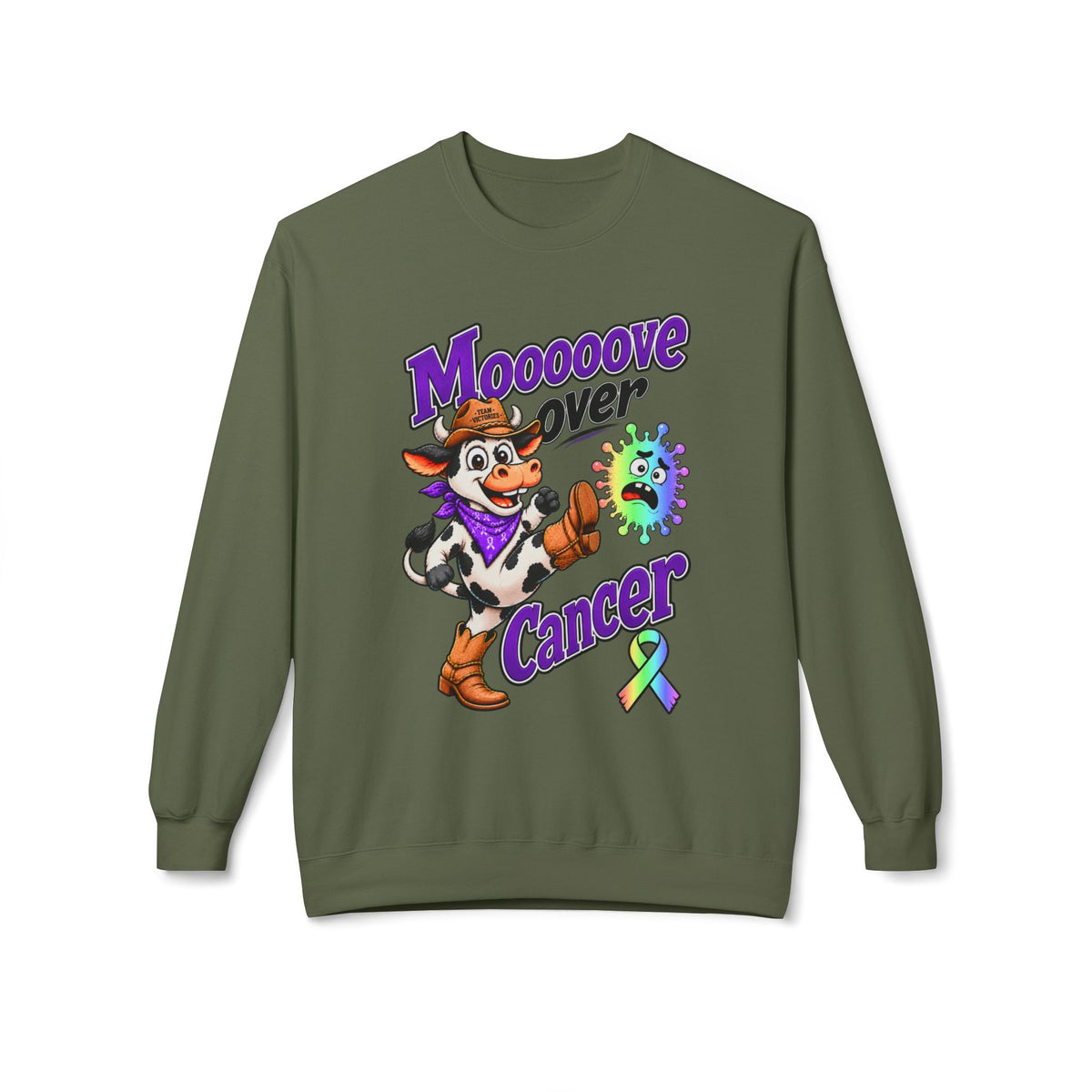 Brown Moooove Over Cancer sweatshirt with cow graphic and all-cancer awareness ribbon