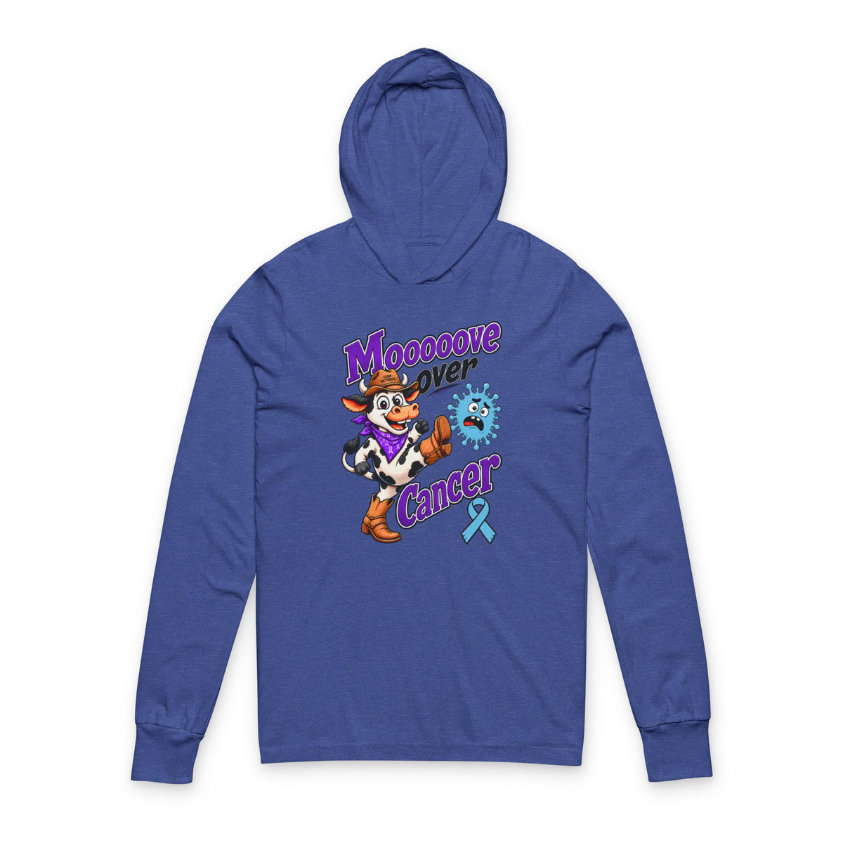 Moooove Over Cancer hooded long-sleeve tee in blue with Prostate Cancer awareness ribbon