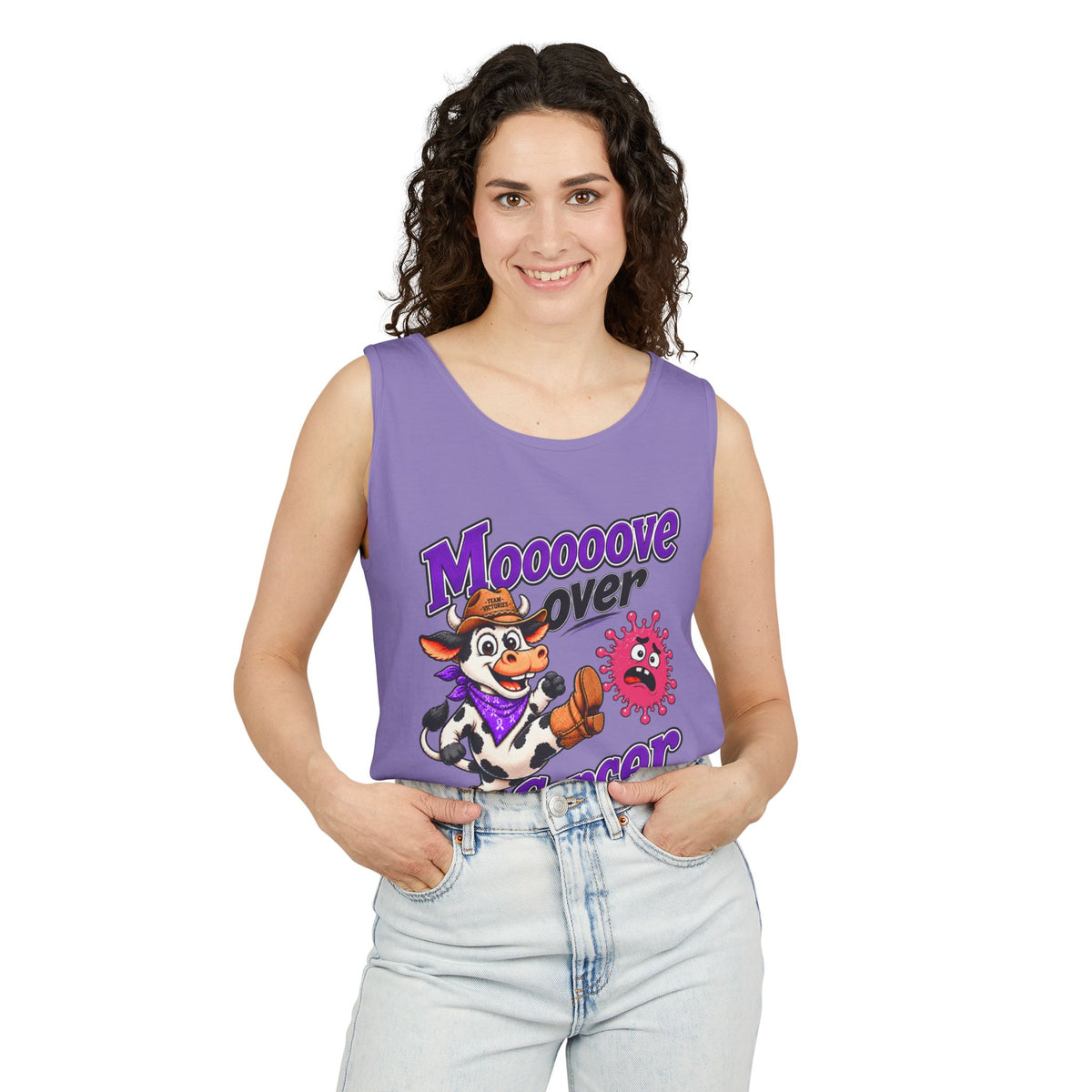 Man wearing pink Moooove Over Cancer tank top with Breast Cancer awareness ribbon