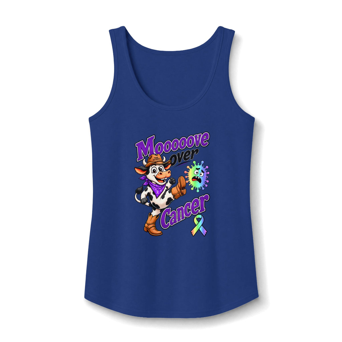 Royal blue Moooove Over Cancer tank top with all-cancer awareness ribbon design