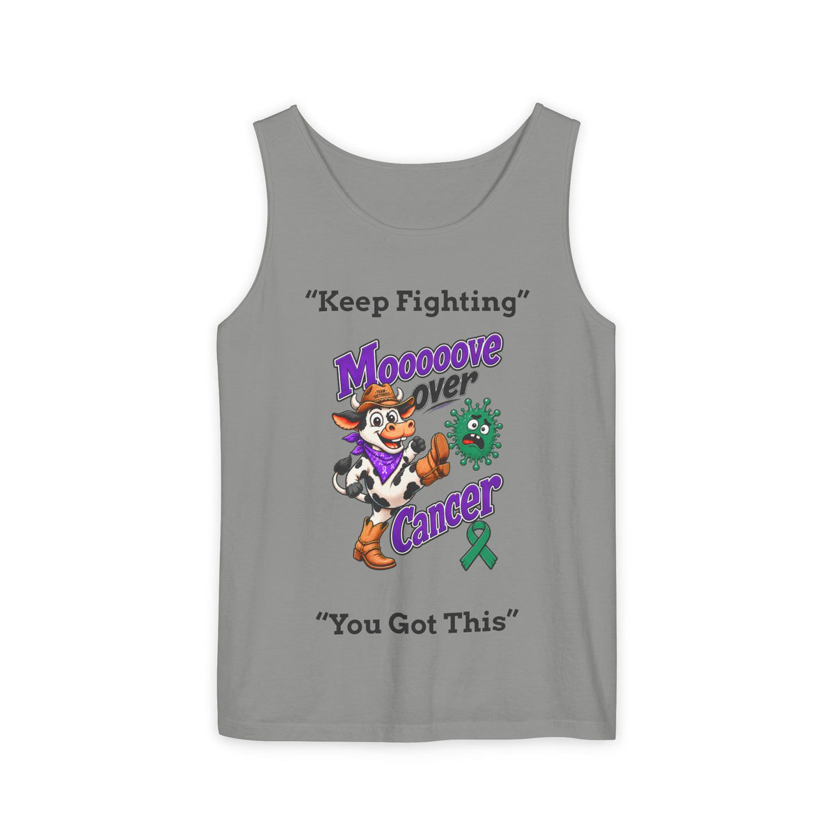Light gray Moooove Over Cancer tank top with cowgirl and Liver Cancer awareness ribbon design