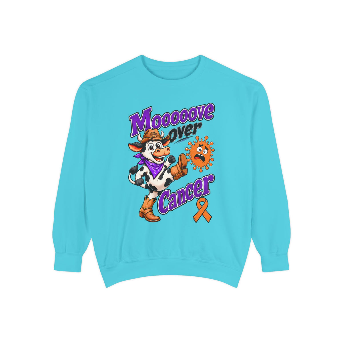 Bright turquoise Moooove Over Cancer sweatshirt with Western awareness design