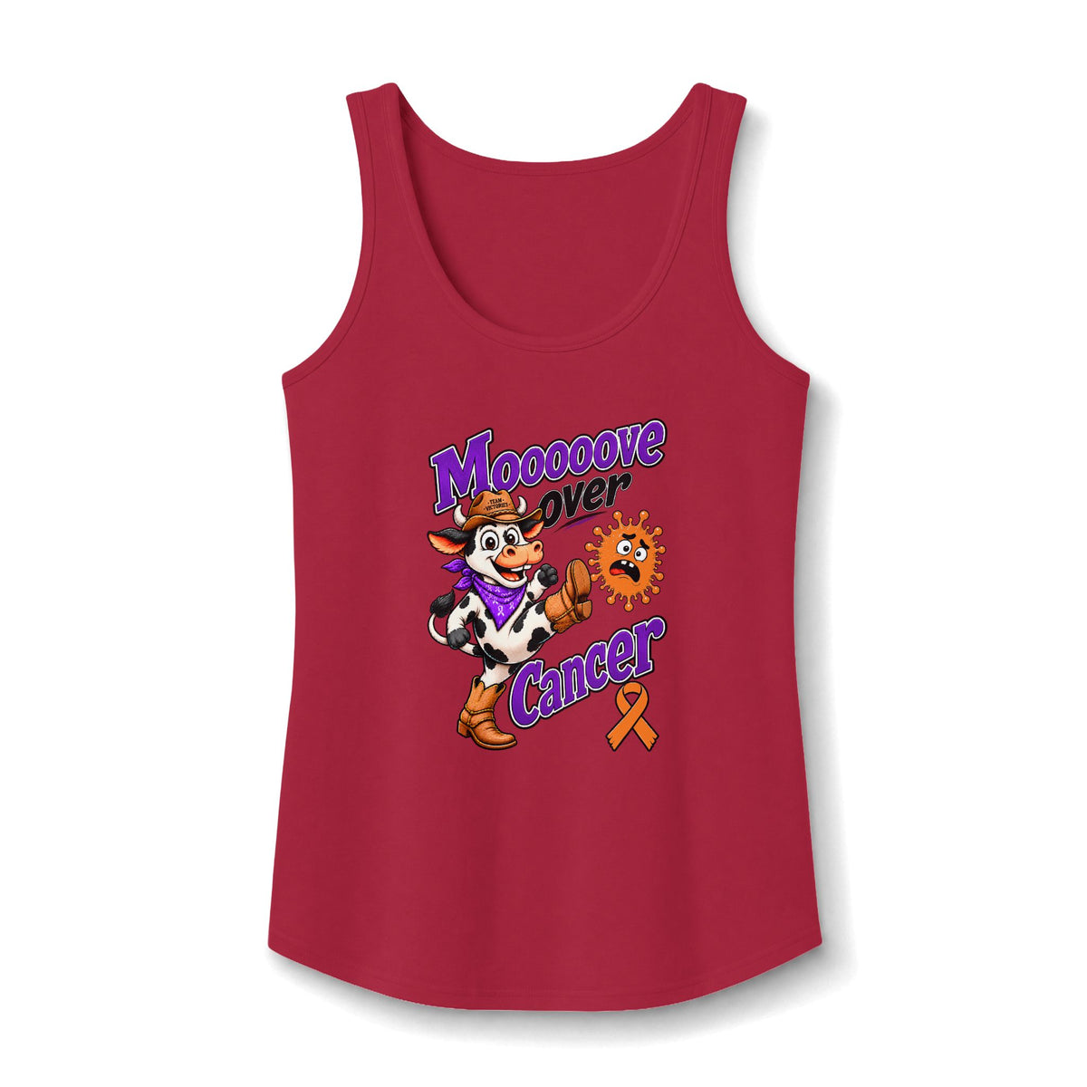 Red Moooove Over Cancer tank top with Leukemia/Kidney Cancer awareness ribbon artwork