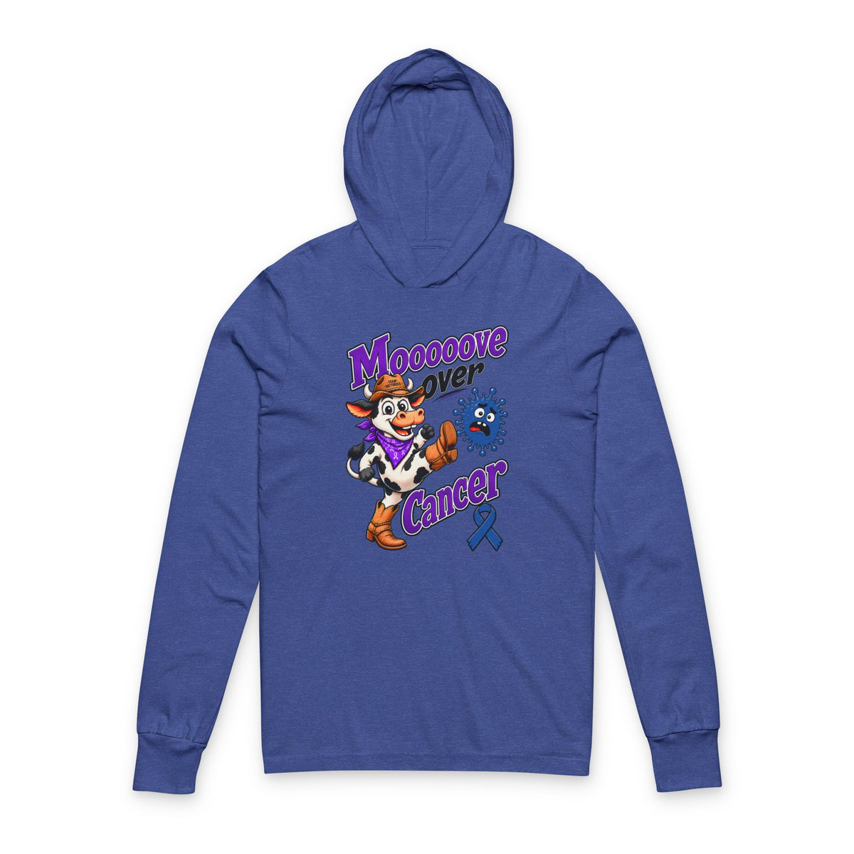 Moooove Over Cancer hooded long-sleeve tee in blue with Colon Cancer awareness ribbon artwork