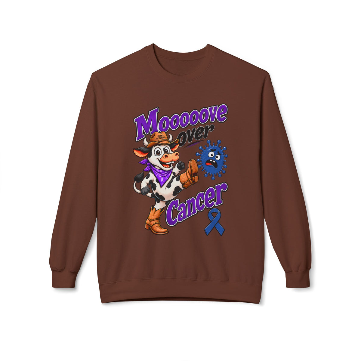 Model wearing Moooove Over Cancer sweatshirt with Colon Cancer awareness ribbon design