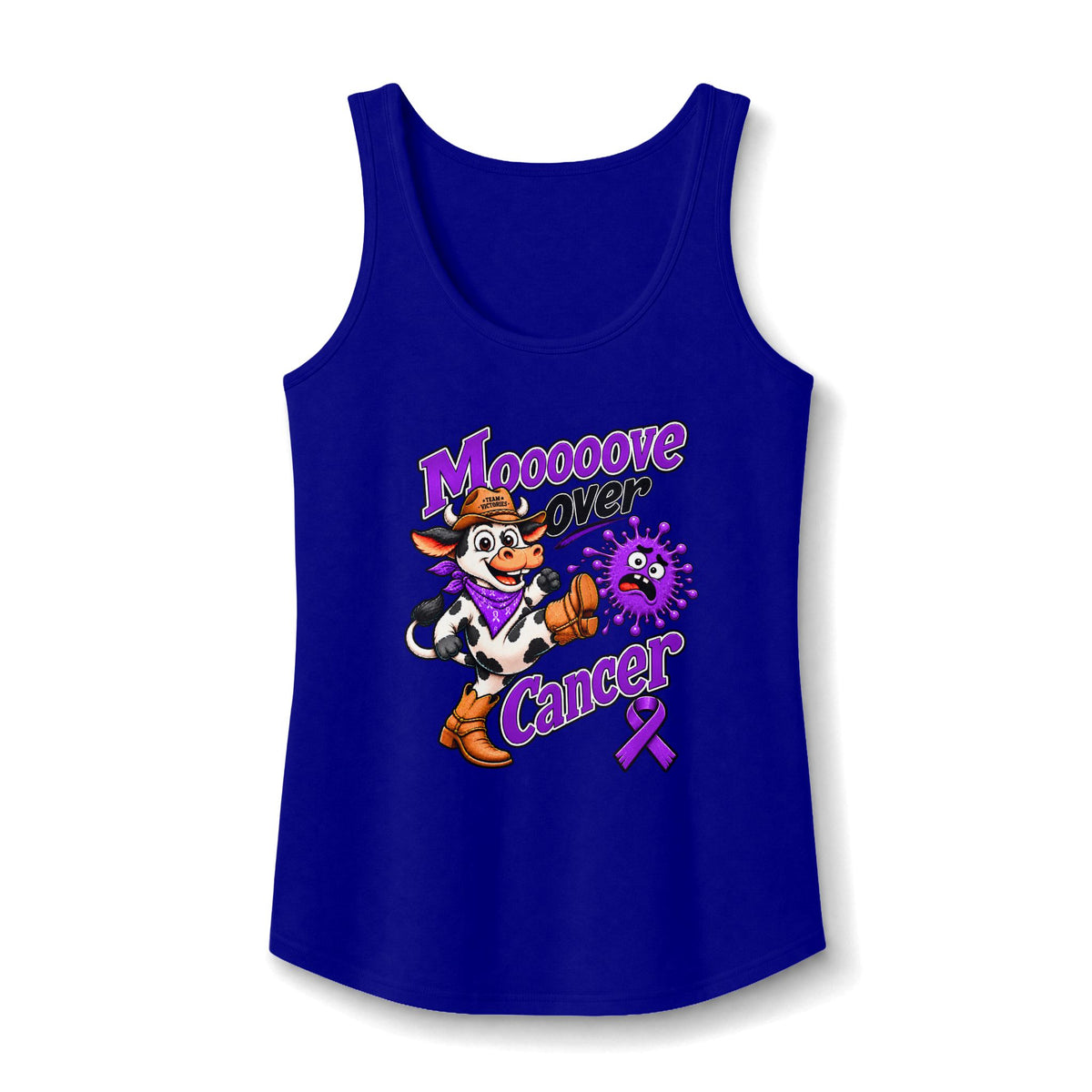Blue Moooove Over Cancer tank top featuring a Pancreatic Cancer awareness ribbon