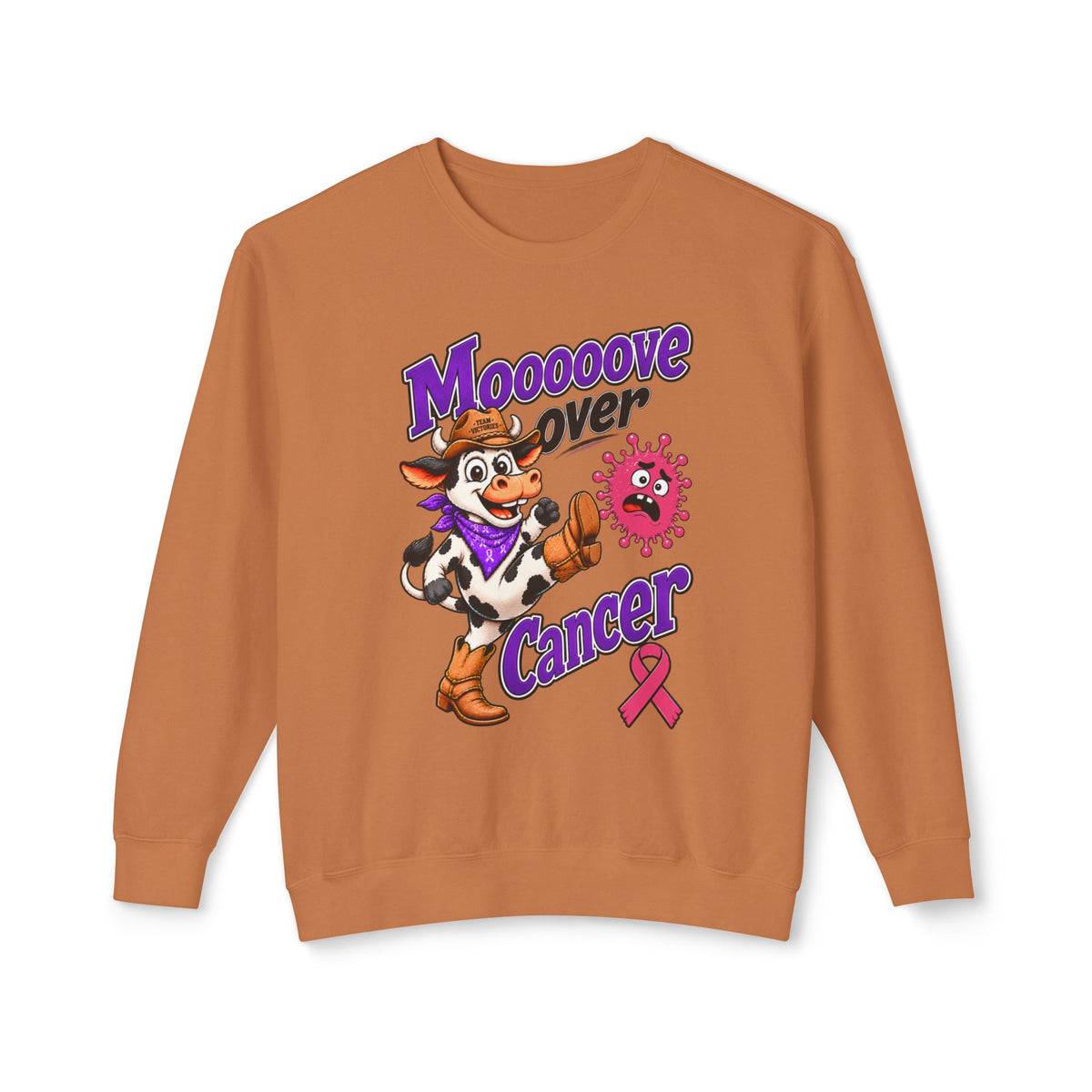 Side view of Moooove Over Cancer sweatshirt showing the long sleeve crewneck design