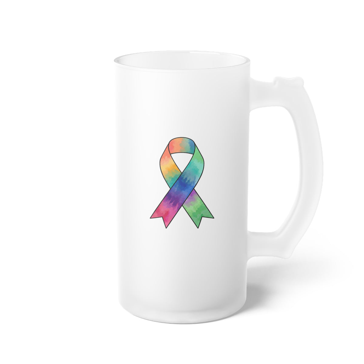 Frosted glass mug showing a colorful cancer awareness ribbon design
