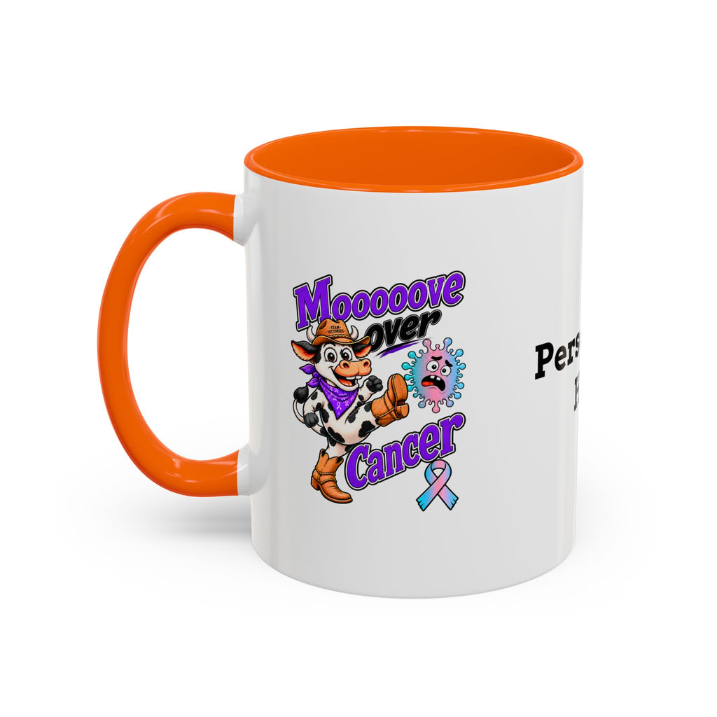 Side view of personalized Moooove Over Cancer mug with orange accent handle