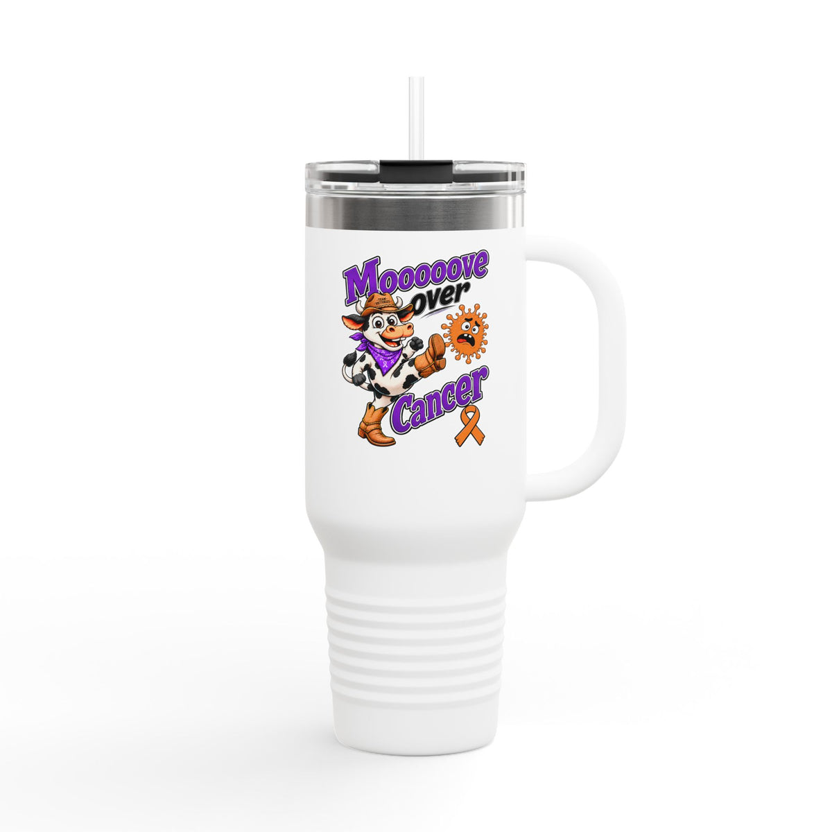 Moooove Over Cancer 40 oz travel mug with orange Leukemia/Kidney Cancer awareness ribbon