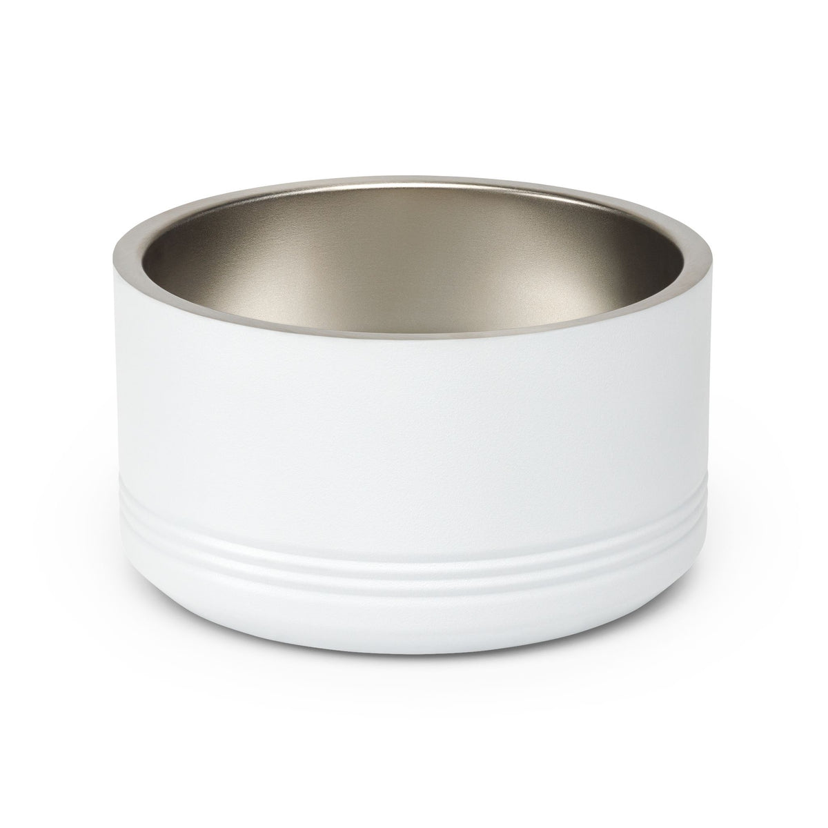 Plain white stainless steel pet bowl showing the exterior