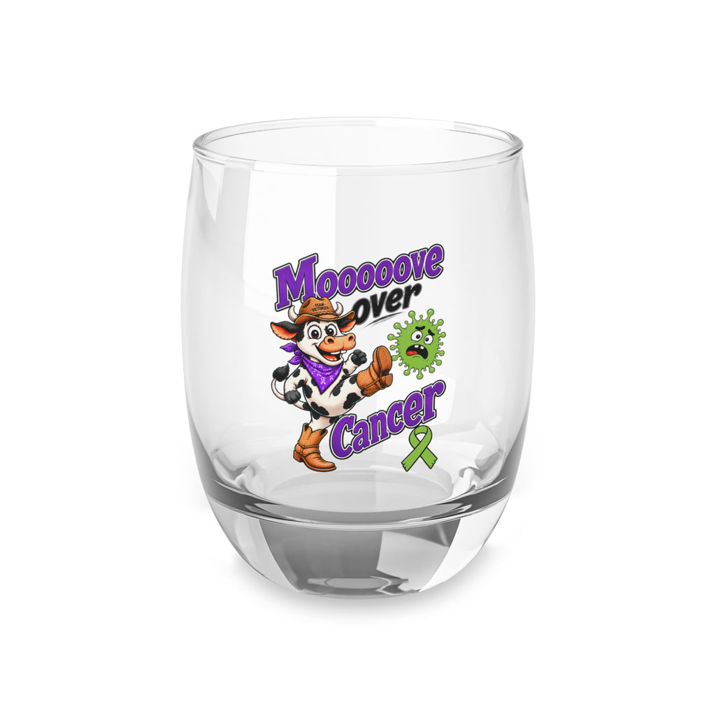 Moooove Over Cancer 6 oz whiskey glass with colorful cow artwork and green awareness ribbon