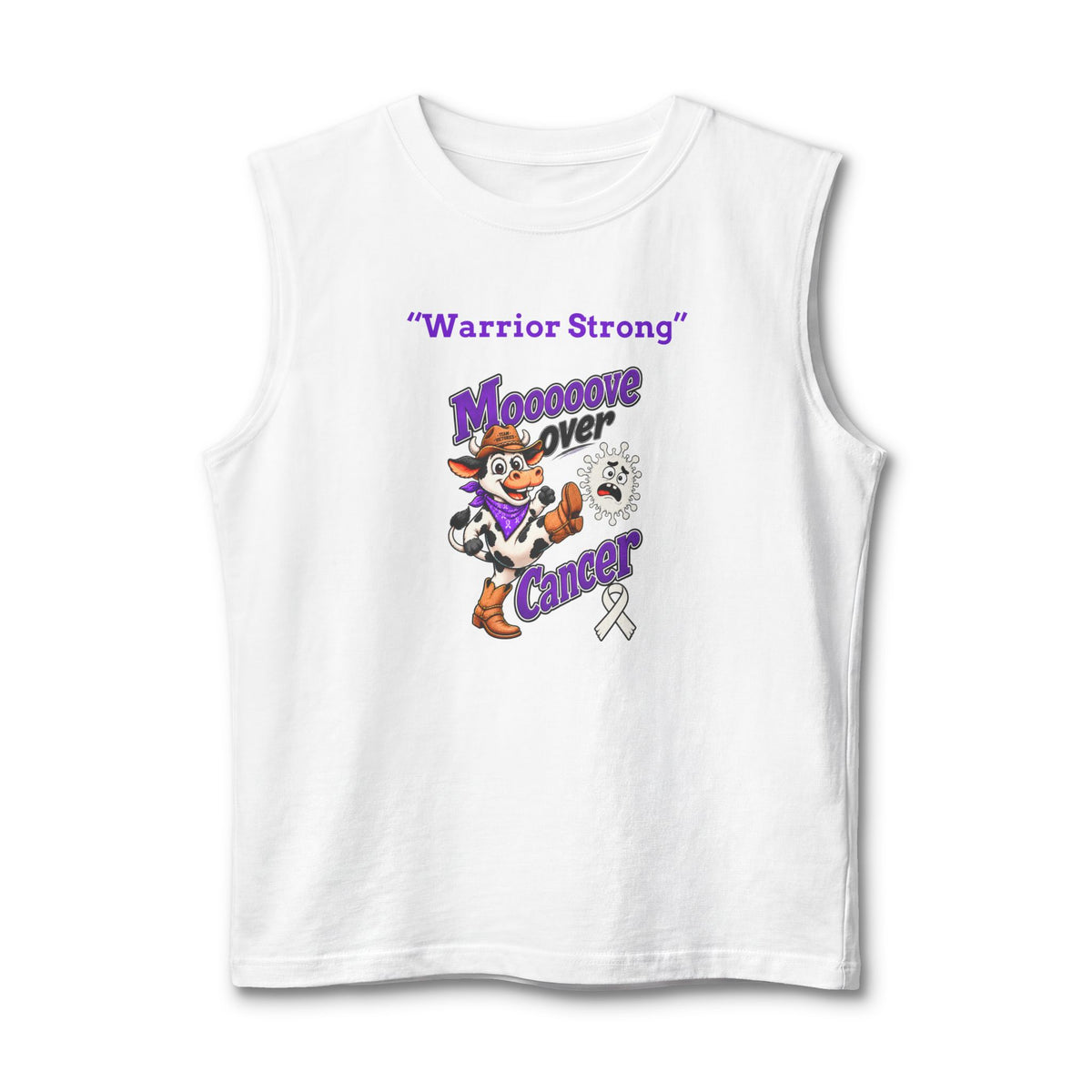 Moooove Over Cancer Warrior Strong white tank top with Lung Cancer awareness ribbon
