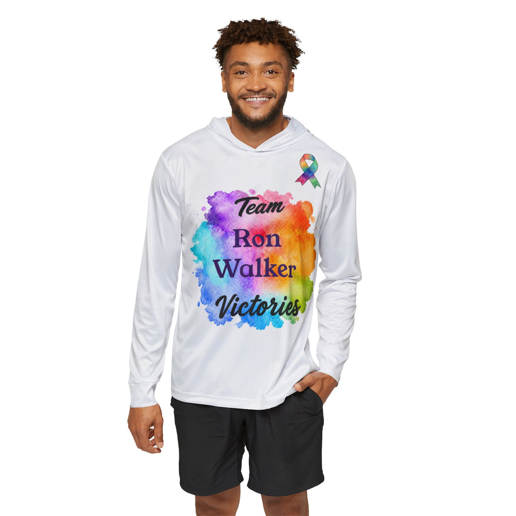 Model wearing a white Team Victories hoodie with colorful personalized front artwork