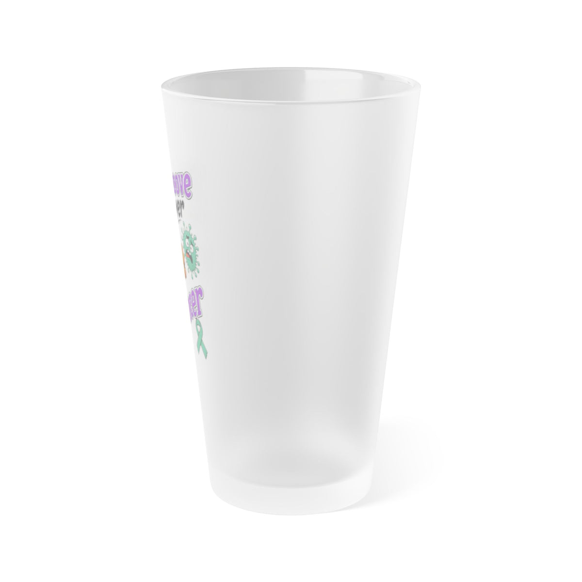Side angle of Moooove Over Cancer frosted pint glass and printed cow design