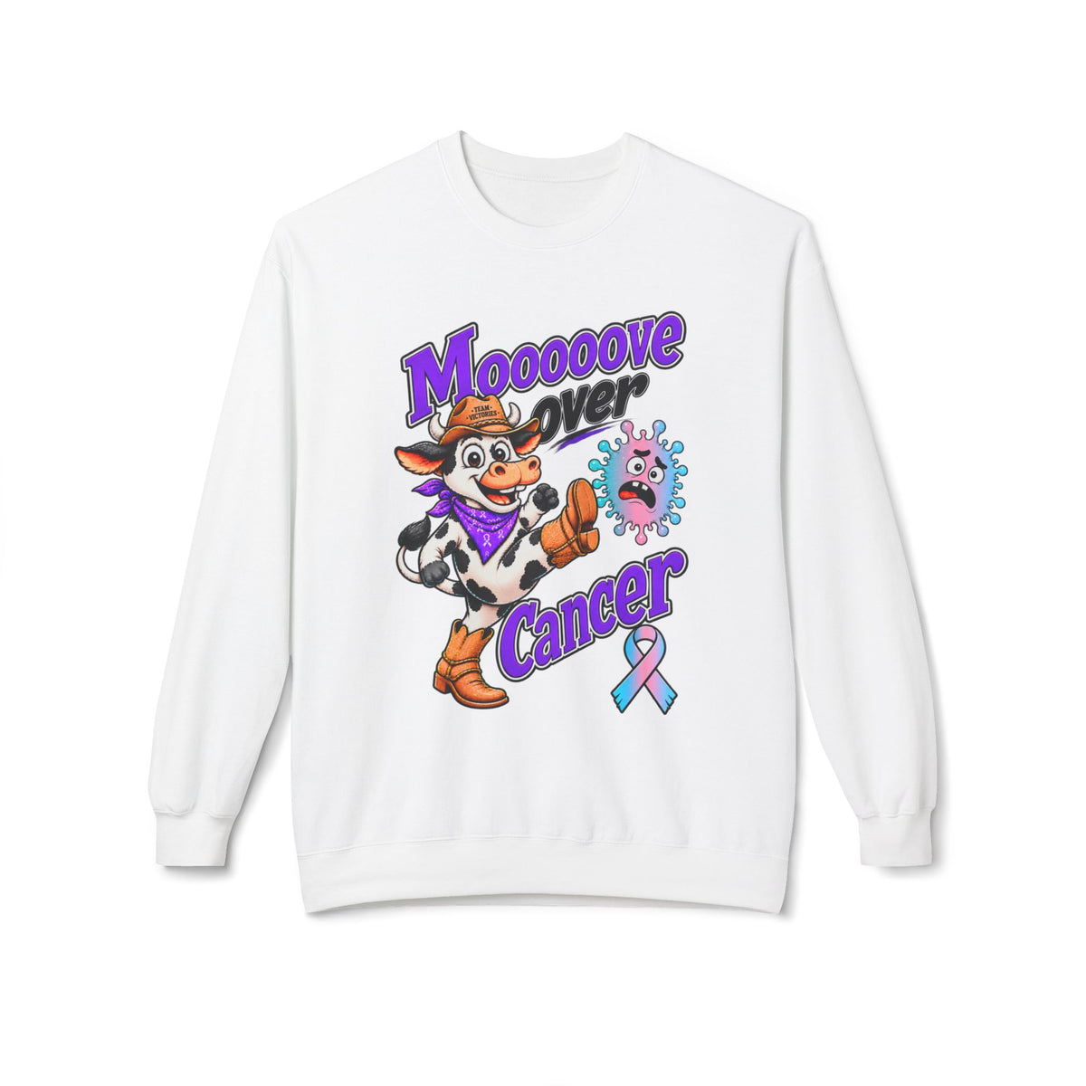 Moooove Over Cancer white crewneck sweatshirt with cow graphic and Thyroid Cancer awareness ribbon