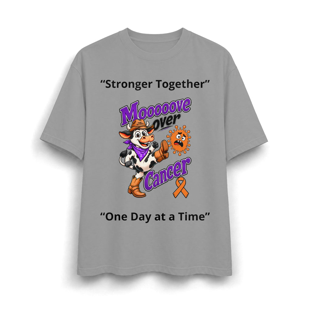 Moooove Over Cancer heavyweight T-shirt in gray with cow character and orange ribbon
