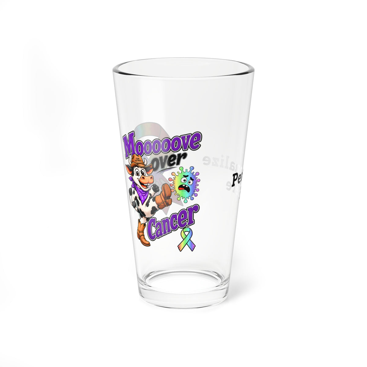 Moooove Over Cancer personalized 16 oz clear glass with colorful cancer-support artwork