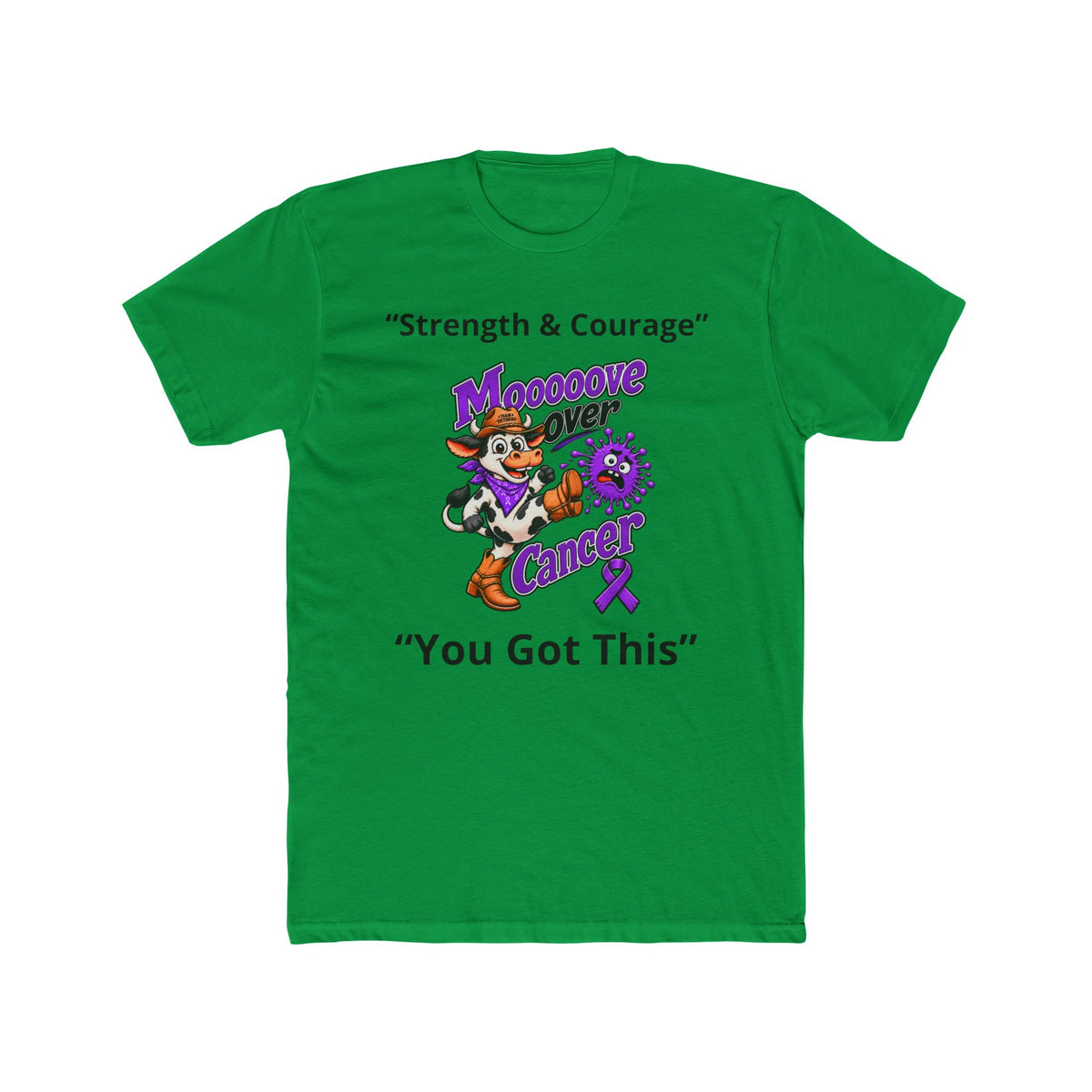Green Moooove Over Cancer shirt featuring Strength & Courage and a Pancreatic Cancer awareness ribbon
