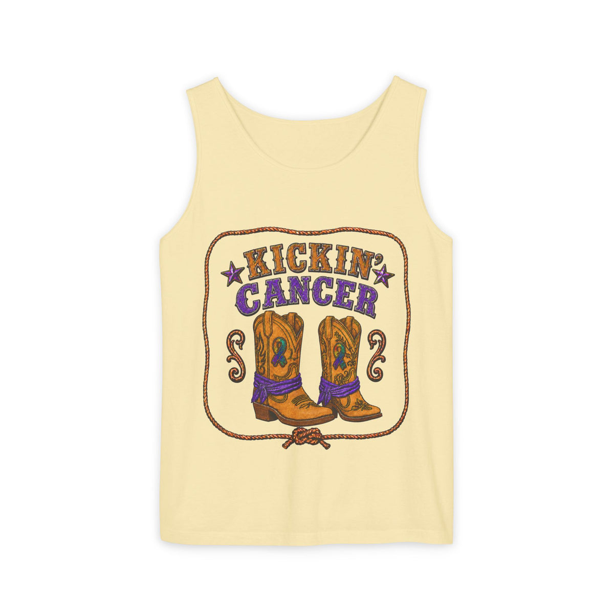 Yellow Kickin' Cancer tank top with Western boots, rope border, and purple ribbon artwork