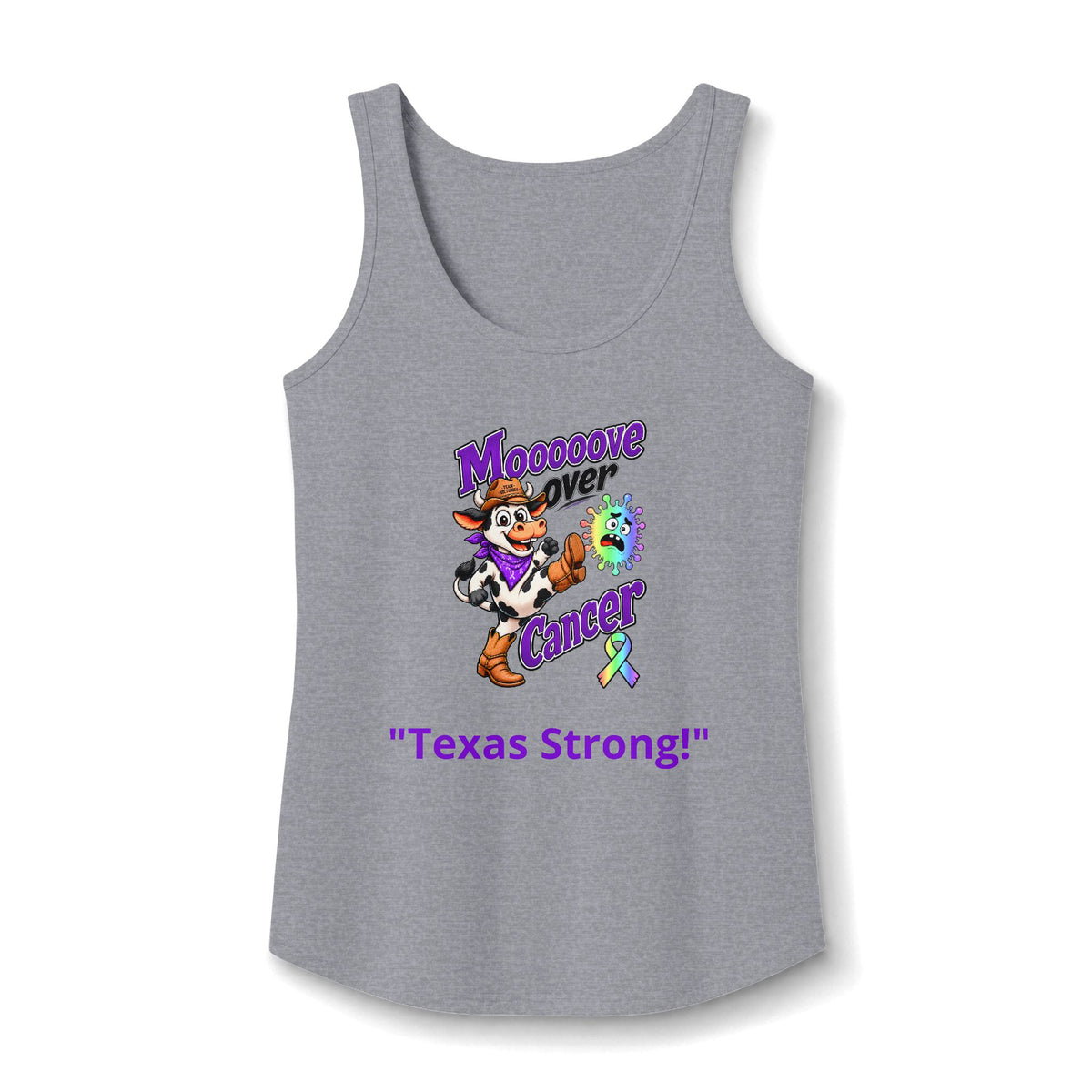 Heather gray Moooove Over Cancer Texas Strong tank top with all-cancer awareness ribbon