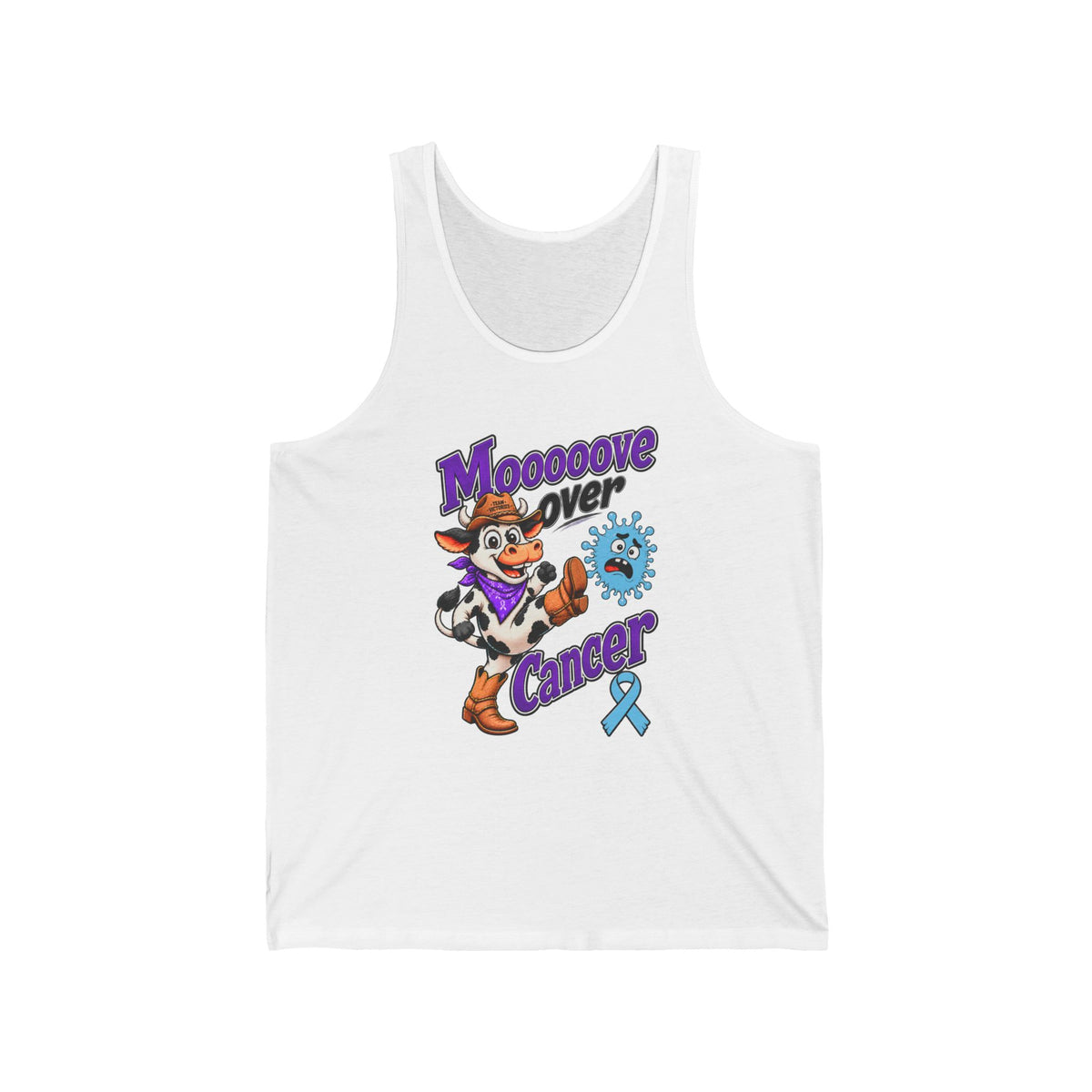 Moooove Over Cancer white tank top with blue Prostate Cancer awareness ribbon, front view